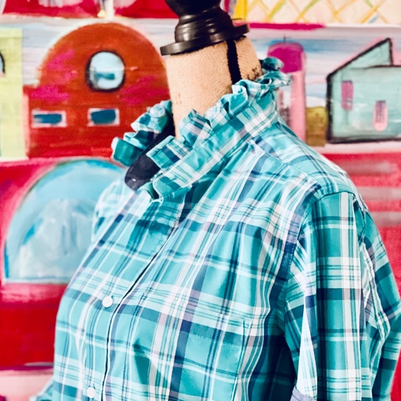 George Tops - Reworked | Blue White and Turquoise | Ruffle Collar | Long Sleeve Button Down